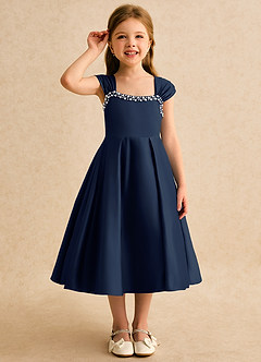 Azazie Yosemite Flower Girl Dresses Dark Navy Ball-Gown Sweetheart Neckline Matte Satin Dress image5