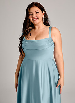 Azazie Shaude Bridesmaid Dresses Moody Blue A-Line Pleated Stretch Satin Dress image9