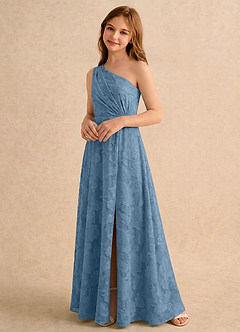 Azazie Pudles Girls Formal Flower Girl Dresses Steel Blue A-Line One Shoulder Floral Burnout Dress image5