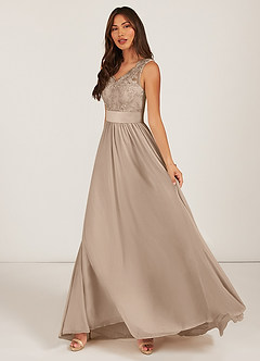 Azazie Gertrude Bridesmaid Dresses Taupe A-Line Lace Chiffon Dress image3