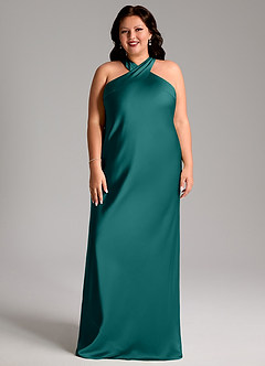Azazie Doretta Bridesmaid Dresses Peacock Mermaid Pleated Stretch Satin Dress image1