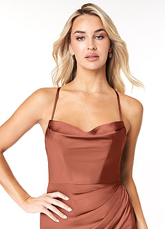Azazie Marzia Brautjungfernkleider Etui Kutte Gefaltet Stretch-Satin Kleid Lehm image6