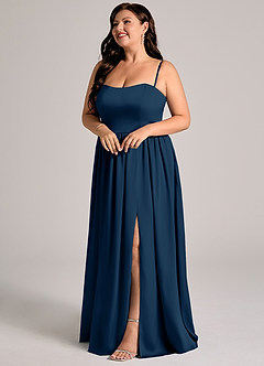 Azazie Calianna Robes de demoiselle d'honneur Robe Trapèze Convertible en Satin extensible Épaule décolletée Bleu Marine Foncé image10