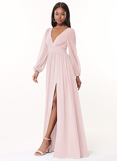 Azazie Norah Bridesmaid Dresses Blushing Pink A-Line V-Neck Long Sleeve Chiffon Dress image4