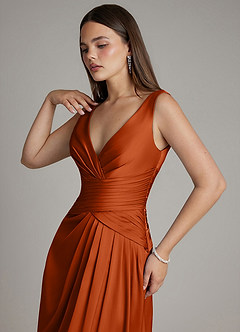 Azazie Pauline Vestidos de damas de honor Vestido de Naranja Quemada de Satén Elástico de Línea A con Plisado image3