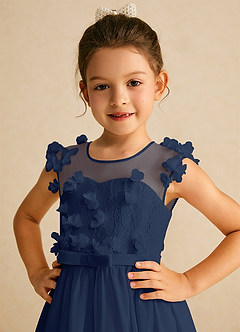 Azazie Arlo Blumenmädchenkleider A-Linie Schleifen Chiffon Kleid Dunkelmarine image2