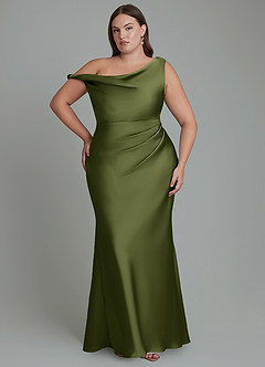 Azazie Emerson Robes de demoiselle d'honneur Robe Sirène en Satin extensible Épaules dénudées Olive image8