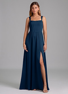 Azazie Rosaline At-home Try On Dresses Dark Navy A-Line Side Slit Stretch Satin Dress image3