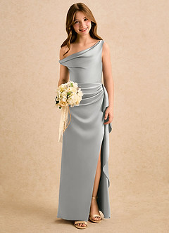 Azazie Avalia Girls Formal Flower Girl Dresses Silver Sheath Off the Shoulder Stretch Satin Dress image5