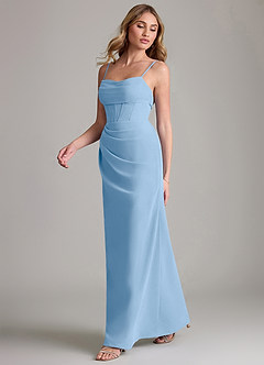 Azazie Mai Robes de demoiselle d'honneur Robe Fourreau en Mousseline de soie Plissée Poudre Bleue image4