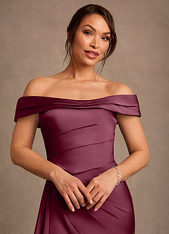 Azazie Beah Mother of the Bride Dresses Mulberry Sheath Off the Shoulder Stretch Satin Dress image6