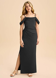 Azazie Saige Junior Black Sheath Off the Shoulder Stretch Satin Dress image3