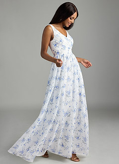 Azazie Keyla Bridesmaid Dresses Blue Cottage Floral A-Line V-Neck Pleated Chiffon Dress image3
