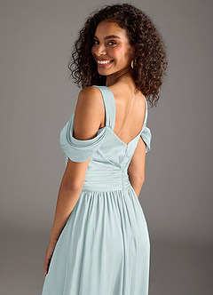 Azazie Lianne Bridesmaid Dresses Mist A-Line Off the Shoulder Stretch Satin Dress image4