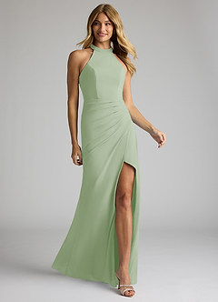 Azazie Galicia Kleider zum Anprobieren zu Hause Meerjungfrau-Linie Halter Gefaltet Stretch-Chiffon Kleid Staubiger Salbeigrün image2