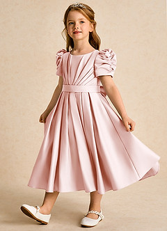 Azazie Miriam Flower Girl Dresses Blushing Pink Ball-Gown Pleated Matte Satin Dress image3