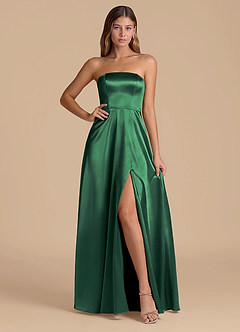 Azazie Wren 신부 들러리 드레스 A라인 스트랩리스 메탈릭 새틴 바닥 길이 드레스 image1