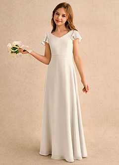 Azazie Nari Girls Formal Flower Girl Dresses White Alabaster A-Line with Sleeves Chiffon Dress image1