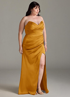 Azazie Yola Brautjungfernkleider Wandelbar Etui Plissee mit V-Ausschnitt Stretch-Satin Kleid Butterscotch image12