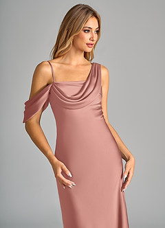 Azazie Celina Bridesmaid Dresses Rosette Sheath Off the Shoulder Stretch Satin Dress image7