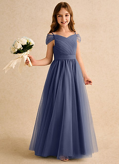 Azazie Yuna Girls Formal Robe Demoiselle D'honneur Fillette Robe Trapèze en Tulle Épaule décolletée Bleu Orageux image1