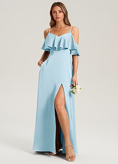 Azazie Jean Bridesmaid Dresses Sky Blue A-Line Off the Shoulder Stretch Satin Dress image3