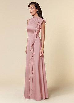 Azazie Narine Mother of the Bride Dresses Powder Pink A-Line High Neckline Pleated Stretch Satin Dress image2