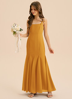 Azazie Evey Junior Abito Sirena in Chiffon Plissettato Caramello image1