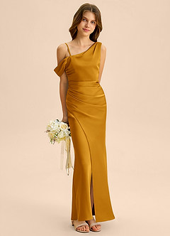 Azazie Madelyn Junior Osłona Zza ramienia Satyna elastyczna Długość podłogi Młodsza druhna Sukienka image4