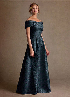 Azazie Harriett Mother of the Bride Dresses Dark Navy A-Line Off the Shoulder Floral Jacquard Dress image2