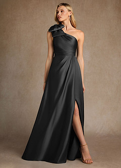 Azazie Easton Mother of the Bride Dresses Black A-Line One Shoulder Stretch Satin Dress image4