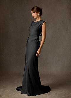 Azazie Kieryn Wedding Dresses Black Fit and Flare Stretch Satin Dress image4