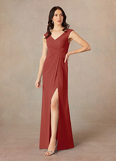 Azazie Sally Mother of the Bride Dresses Terracotta A-Line V-Neck Pleated Chiffon Dress image2