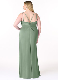 Azazie Aqua Vestidos de damas de honor Vestido de Matcha de Satén Elástico de Corte en A con Cuello en V plisado image9