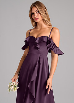 Azazie Lyra Bridesmaid Dresses Plum A-Line Off the Shoulder Stretch Satin Convertible Dress image7