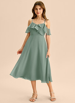 Azazie Kamilla Junior Silver Sage A-Line Off the Shoulder Chiffon Dress image5