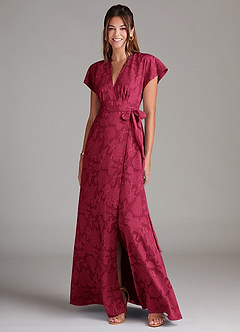 Azazie Ling Brudtärnklänningar Klänning av A-Linje i Blommig Utbrändhet Plisserad Bourgogne image3