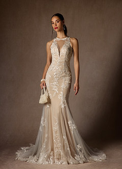 Azazie Sheila Vestidos de novia Vestido de Blanco Diamante Nude de Tul de Corte Sirena con Lentejuela image5