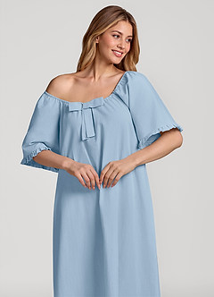 front Vestido pijama de algodón de manga corta con lazo y volantes