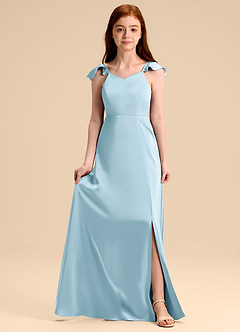 Azazie Everett Junior Vestido de Azul Cielo de Satén Elástico de Corte en A con Lazo image1