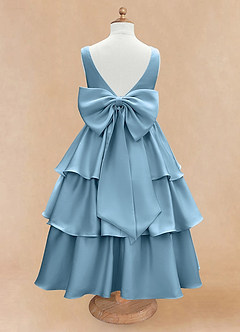 Azazie Margie Flower Girl Dresses Steel Blue A-Line Bow Stretch Satin Dress image5