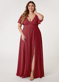 Azazie Kimber Bridesmaid Dresses Pomegranate A-Line Flounce Sleeve Chiffon Dress image6