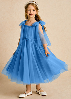 Azazie Dori Robe Demoiselle D'honneur Fillette Robe Trapèze en Tulle Rayé Geai Bleu image5