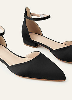front Matching Color Matte Satin Pointed Toe Ankle Strap Flat Pumps Low Heel Wedding Shoes