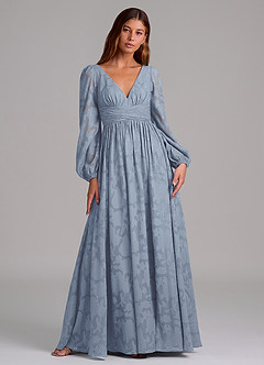 Azazie Norah Robes de demoiselle d'honneur Robe Trapèze en Blumen-Burnout Manche longue Bleu Poussiéreux image1