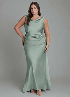 Azazie Kieryn Bridesmaid Dresses Agave Mermaid Pleated Stretch Satin Dress image7