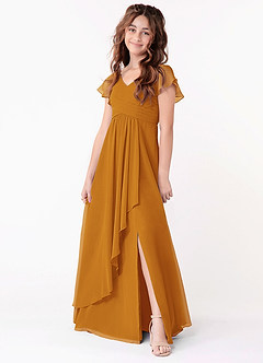 Azazie Omari Junior Butterscotch A-Line Ruched Chiffon Dress image1