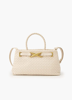 front Faux Leather Woven Structured Handbag