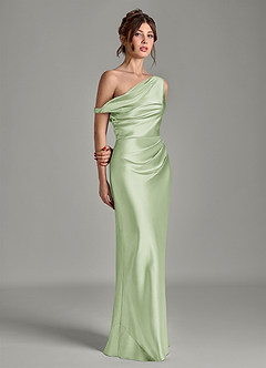 Azazie Emerson Vestidos de damas de honor Vestido Salvia Polvorienta de Satén Metálico de Corte Sirena con Hombros descubiertos image11