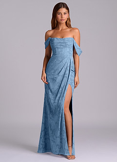 Azazie Johana Abiti da Damigella Abito Convertibile Sirena in Burnout Floreale a Spalla Scoperta Blu Acciaio image3